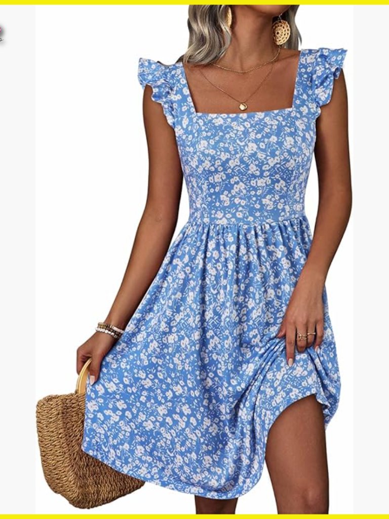 Floral Square Neck Sundress Flowy A-Line Casual Beach Dress With Pocket